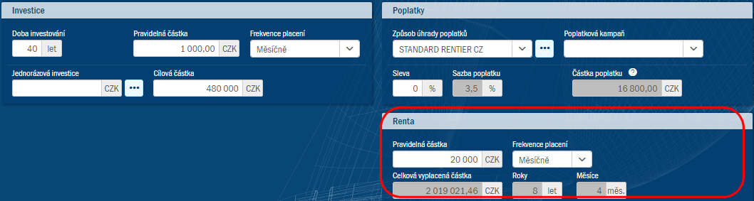 Investin kalkulaka  oznaen sekce Renta