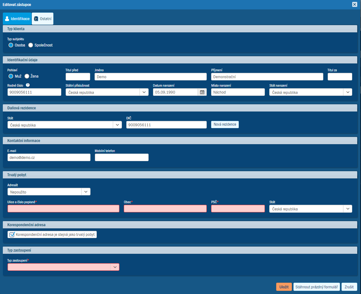 Dialog Editovat zstupce s  pedvyplnnmi identifikanmi daji