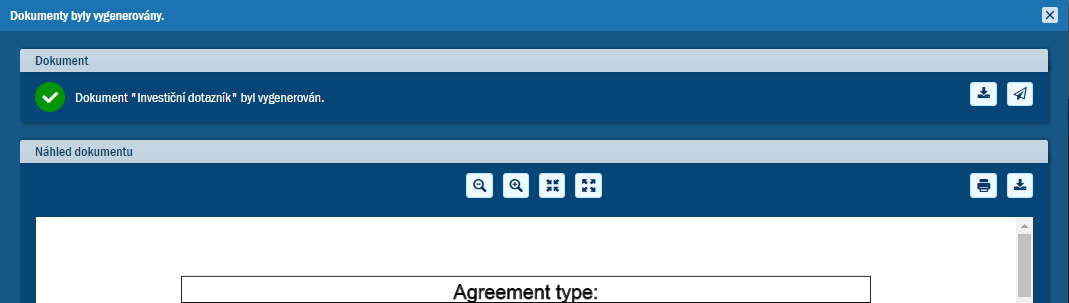 Okno vygenerovanho dokumentu "Investin dotaznk"