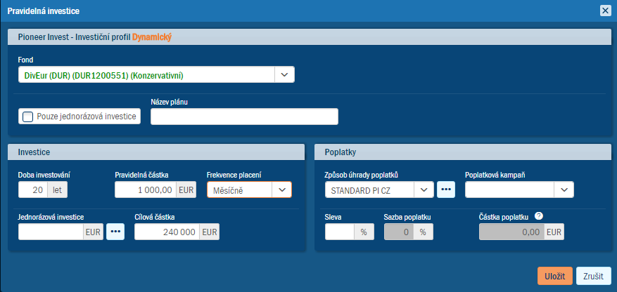 Pklad vyplnnho dialogu Pravideln investice