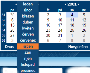Kalend s rozbalenm seznamem msc